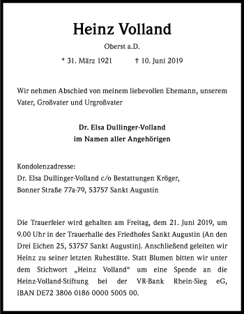 Anzeige von Heinz Volland von Kölner Stadt-Anzeiger / Kölnische Rundschau / Express