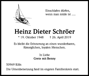 Anzeige von Heinz Dieter Schröer von Kölner Stadt-Anzeiger / Kölnische Rundschau / Express