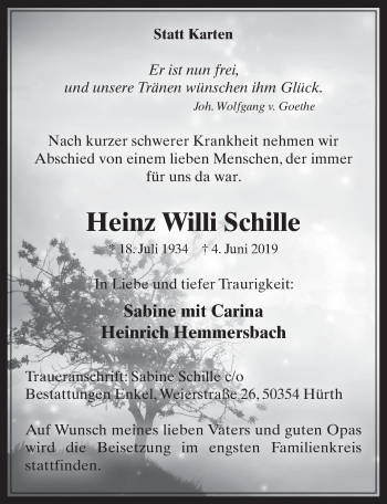 Anzeige von Heinz Willi Schille von  Wochenende 