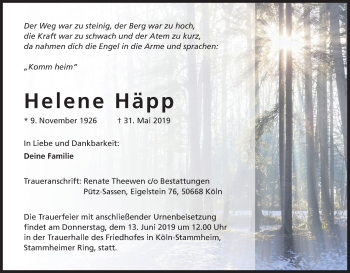 Anzeige von Helene Häpp von Kölner Stadt-Anzeiger / Kölnische Rundschau / Express