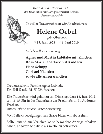 Anzeige von Helene Oebel von  Sonntags-Post 