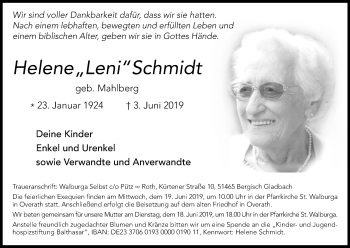Anzeige von Helene Schmidt von Kölner Stadt-Anzeiger / Kölnische Rundschau / Express