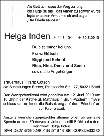 Anzeige von Helga Inden von  Schlossbote/Werbekurier 