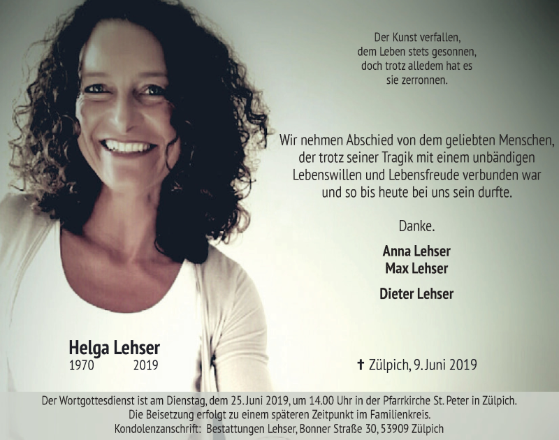  Traueranzeige für Helga Lehser vom 22.06.2019 aus  Blickpunkt Euskirchen 
