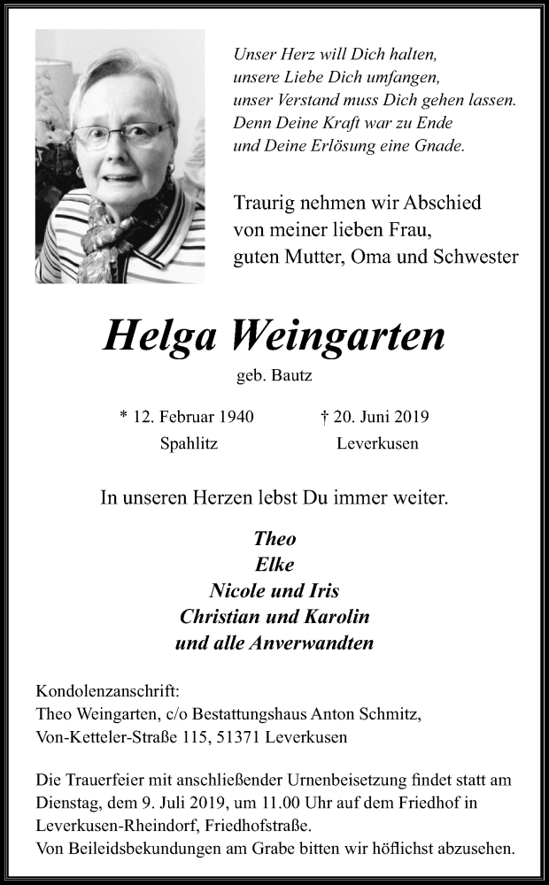  Traueranzeige für Helga Weingarten vom 29.06.2019 aus Kölner Stadt-Anzeiger / Kölnische Rundschau / Express