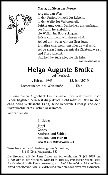 Anzeige von Helga Auguste Bratka von Kölner Stadt-Anzeiger / Kölnische Rundschau / Express