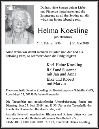 Anzeige von Helma Koesling von  Sonntags-Post 