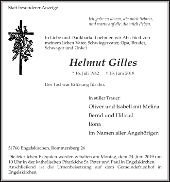 Anzeige von Helmut Gilles von  Anzeigen Echo 