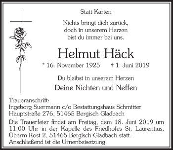 Anzeige von Helmut Häck von  Bergisches Handelsblatt 