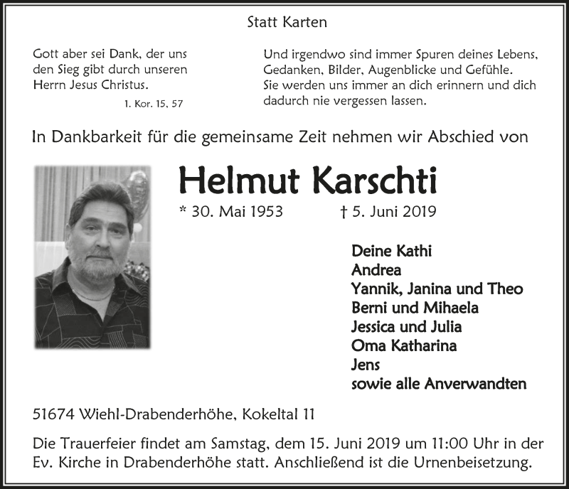  Traueranzeige für Helmut Karschti vom 12.06.2019 aus  Anzeigen Echo 