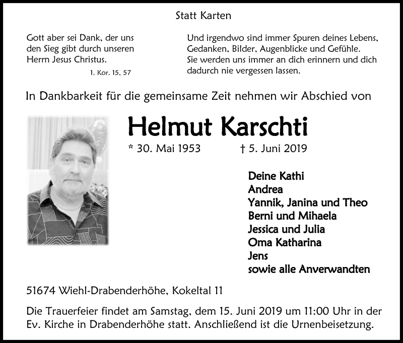  Traueranzeige für Helmut Karschti vom 08.06.2019 aus Kölner Stadt-Anzeiger / Kölnische Rundschau / Express