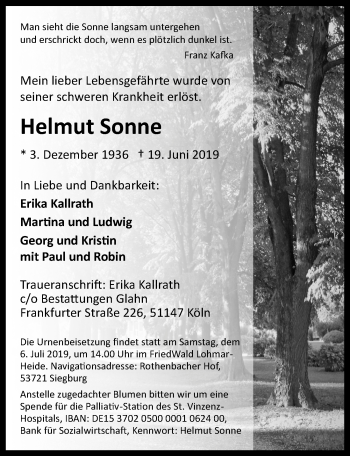 Anzeige von Helmut Sonne von  Kölner Wochenspiegel 
