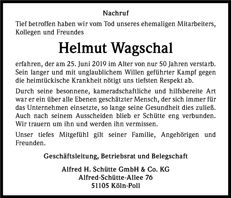  Traueranzeige für Helmut Wagschal vom 28.06.2019 aus Kölner Stadt-Anzeiger / Kölnische Rundschau / Express