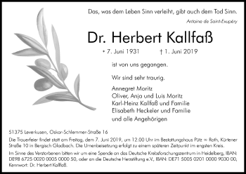 Anzeige von Herbert Kallfaß von Kölner Stadt-Anzeiger / Kölnische Rundschau / Express