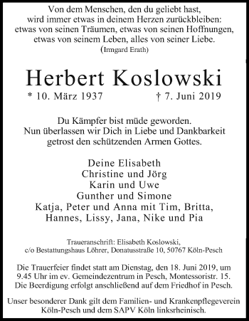 Anzeige von Herbert Koslowski von Kölner Stadt-Anzeiger / Kölnische Rundschau / Express