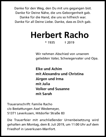 Anzeige von Herbert Racho von Kölner Stadt-Anzeiger / Kölnische Rundschau / Express