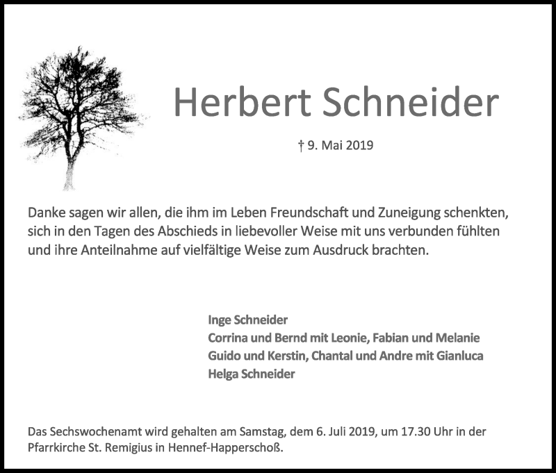  Traueranzeige für Herbert Schneider vom 29.06.2019 aus Kölner Stadt-Anzeiger / Kölnische Rundschau / Express