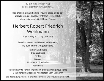 Anzeige von Herbert Robert Friedrich Weidmann von Kölner Stadt-Anzeiger / Kölnische Rundschau / Express