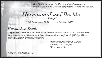Anzeige von Hermann-Josef Berkle von  Sonntags-Post 