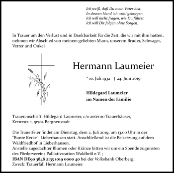 Anzeige von Hermann Laumeier von Kölner Stadt-Anzeiger / Kölnische Rundschau / Express