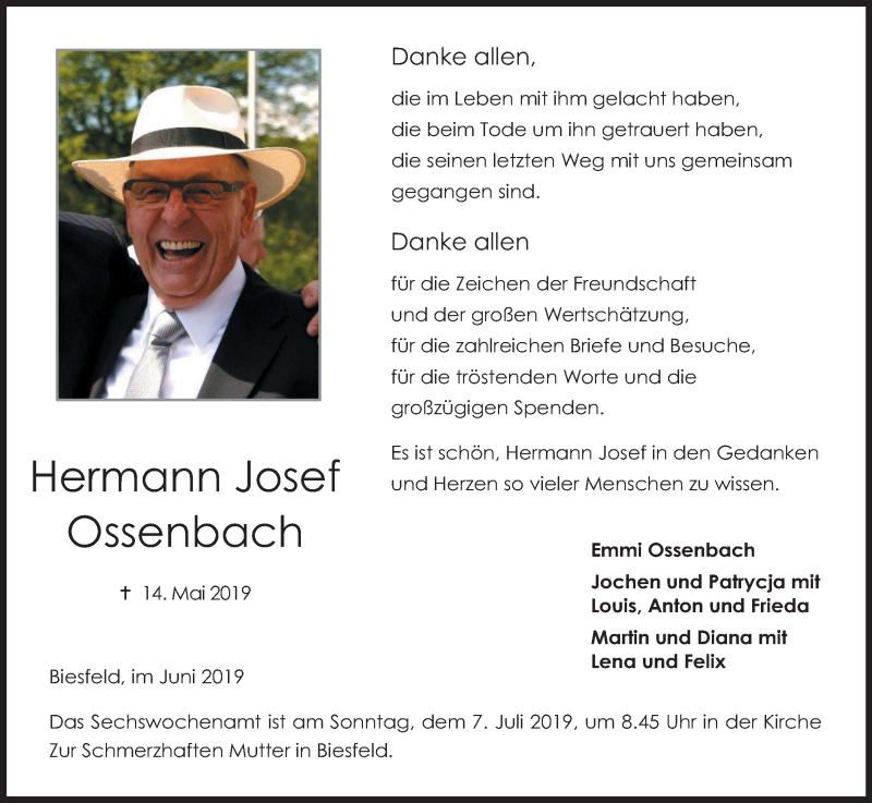  Traueranzeige für Hermann Josef Ossenbach vom 29.06.2019 aus Kölner Stadt-Anzeiger / Kölnische Rundschau / Express