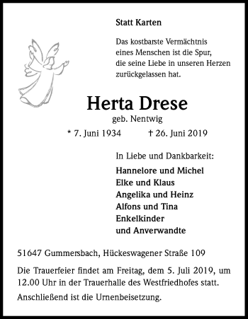 Anzeige von Herta Drese von Kölner Stadt-Anzeiger / Kölnische Rundschau / Express