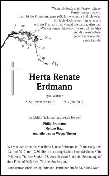 Anzeige von Herta Renate Erdmann von Kölner Stadt-Anzeiger / Kölnische Rundschau / Express