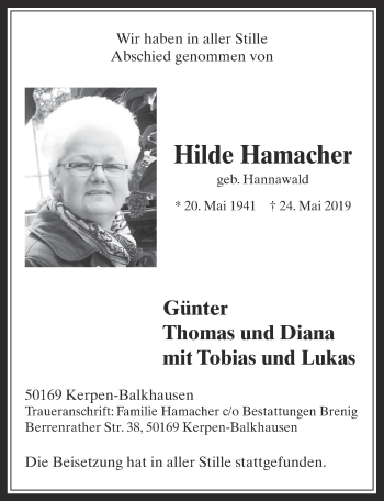 Anzeige von Hilde Hamacher von  Werbepost 