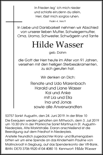 Anzeige von Hilde Wasser von Kölner Stadt-Anzeiger / Kölnische Rundschau / Express