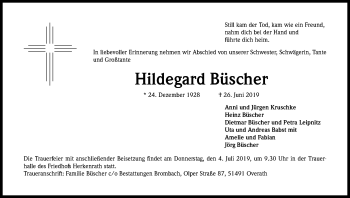 Anzeige von Hildegard Büscher von Kölner Stadt-Anzeiger / Kölnische Rundschau / Express