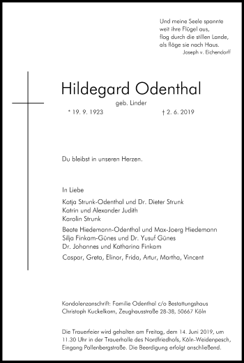 Anzeige von Hildegard Odenthal von Kölner Stadt-Anzeiger / Kölnische Rundschau / Express