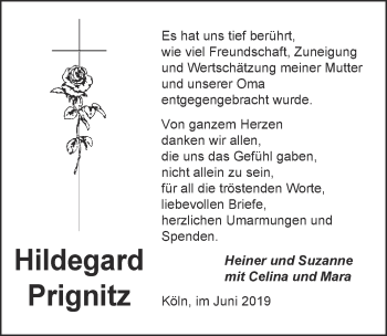 Anzeige von Hildegard Prignitz von  Kölner Wochenspiegel 