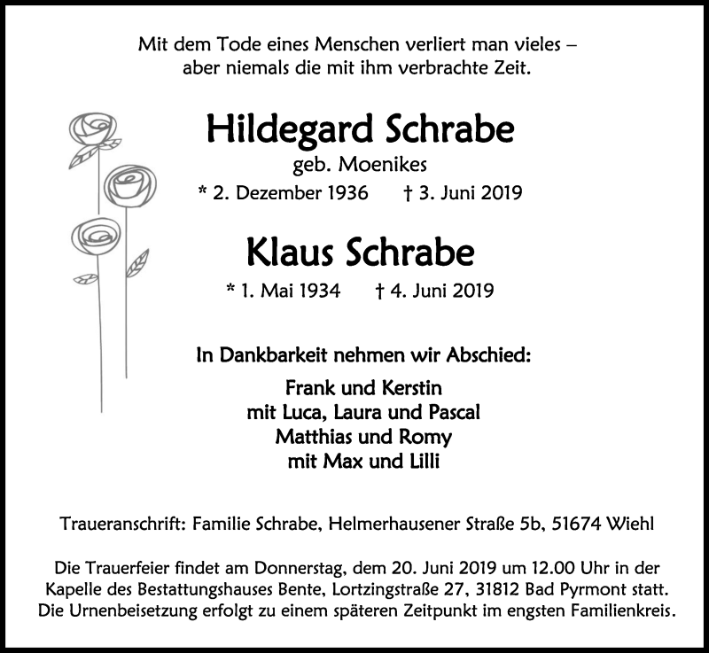  Traueranzeige für Hildegard Schrabe vom 15.06.2019 aus Kölner Stadt-Anzeiger / Kölnische Rundschau / Express