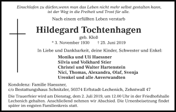 Anzeige von Hildegard Tochtenhagen von Kölner Stadt-Anzeiger / Kölnische Rundschau / Express