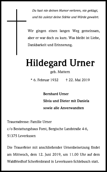 Anzeige von Hildegard Urner von Kölner Stadt-Anzeiger / Kölnische Rundschau / Express