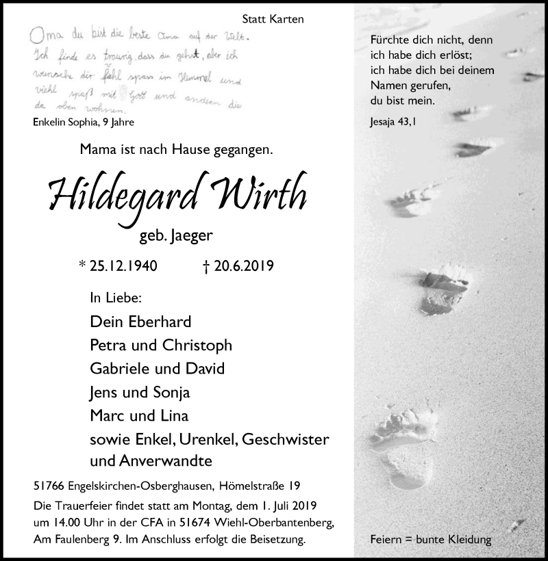  Traueranzeige für Hildegard Wirth vom 26.06.2019 aus  Anzeigen Echo 