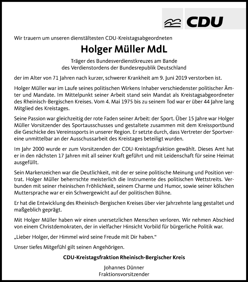  Traueranzeige für Holger Müller vom 15.06.2019 aus Kölner Stadt-Anzeiger / Kölnische Rundschau / Express