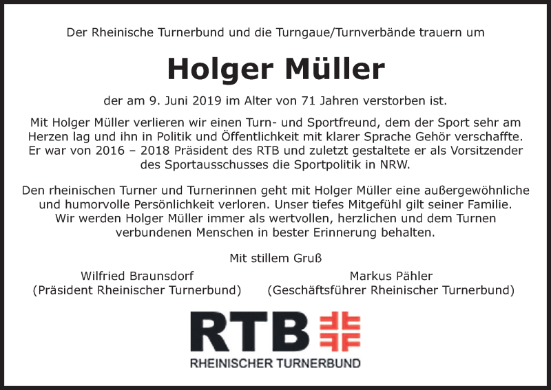  Traueranzeige für Holger Müller vom 15.06.2019 aus Kölner Stadt-Anzeiger / Kölnische Rundschau / Express