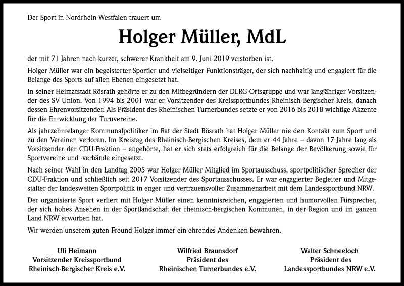  Traueranzeige für Holger Müller vom 15.06.2019 aus Kölner Stadt-Anzeiger / Kölnische Rundschau / Express