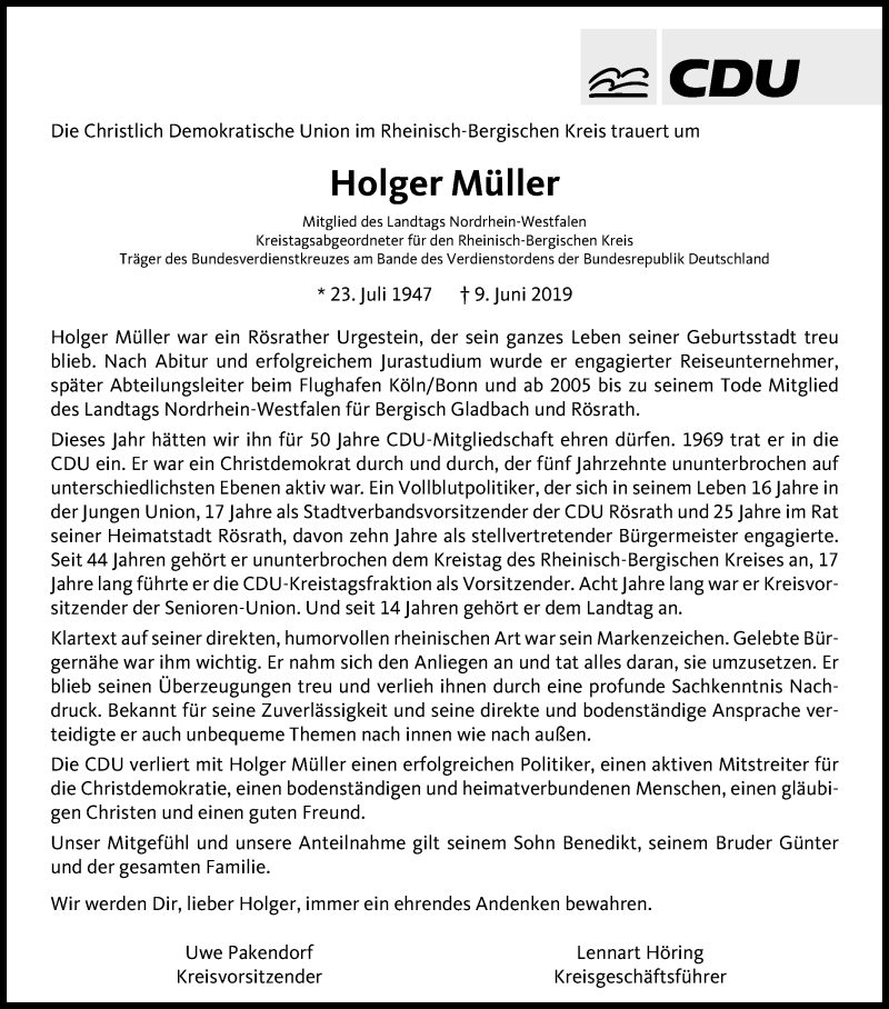  Traueranzeige für Holger Müller vom 15.06.2019 aus Kölner Stadt-Anzeiger / Kölnische Rundschau / Express