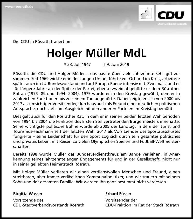  Traueranzeige für Holger Müller vom 15.06.2019 aus Kölner Stadt-Anzeiger / Kölnische Rundschau / Express