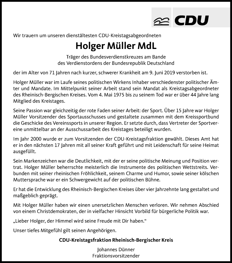  Traueranzeige für Holger Müller vom 18.06.2019 aus Kölner Stadt-Anzeiger / Kölnische Rundschau / Express