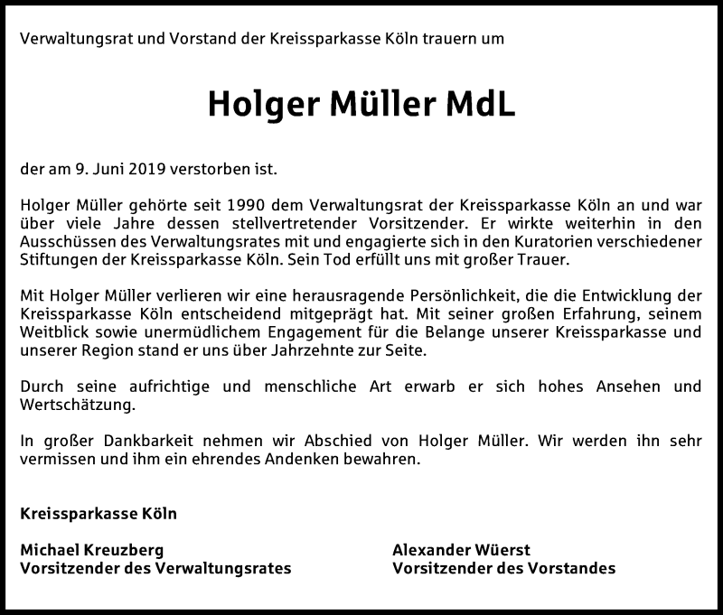  Traueranzeige für Holger Müller vom 15.06.2019 aus Kölner Stadt-Anzeiger / Kölnische Rundschau / Express