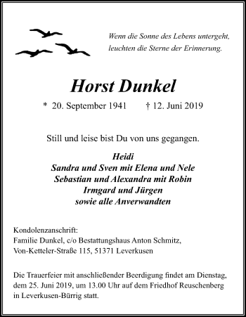 Anzeige von Horst Dunkel von Kölner Stadt-Anzeiger / Kölnische Rundschau / Express