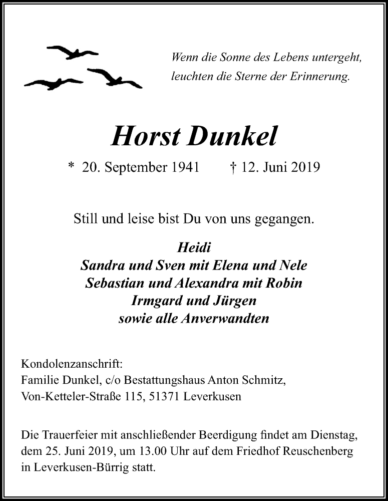 Traueranzeige für Horst Dunkel vom 20.06.2019 aus Kölner Stadt-Anzeiger / Kölnische Rundschau / Express