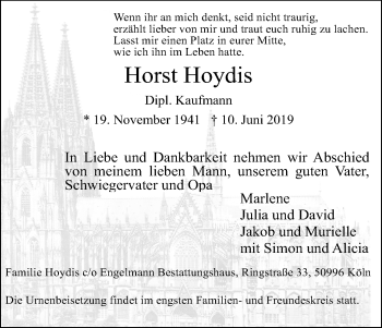 Anzeige von Horst Hoydis von Kölner Stadt-Anzeiger / Kölnische Rundschau / Express