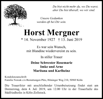 Anzeige von Horst Mergner von Kölner Stadt-Anzeiger / Kölnische Rundschau / Express