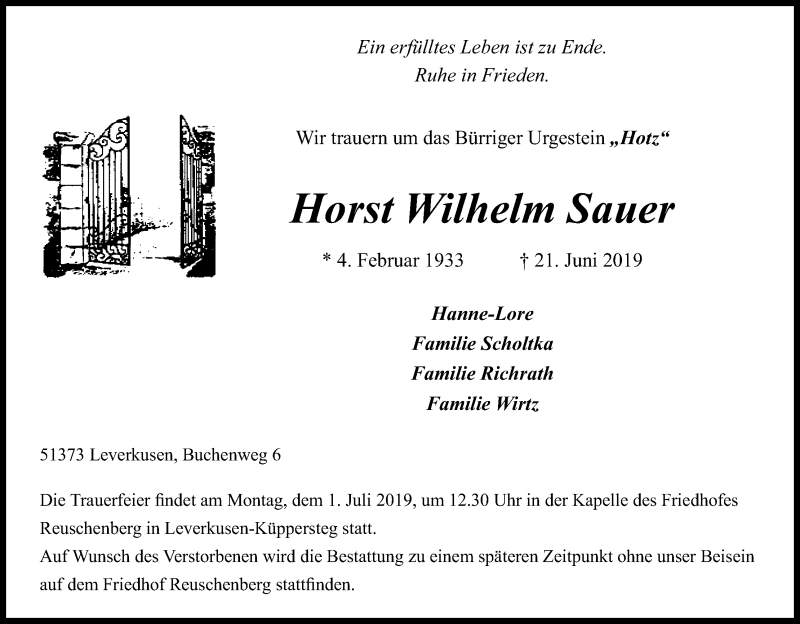  Traueranzeige für Horst Wilhelm Sauer vom 27.06.2019 aus Kölner Stadt-Anzeiger / Kölnische Rundschau / Express