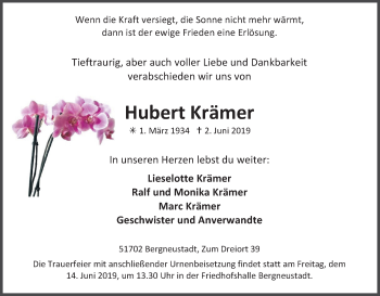 Anzeige von Hubert Krämer von Kölner Stadt-Anzeiger / Kölnische Rundschau / Express