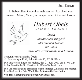 Anzeige von Hubert Obels von  Wochenende 